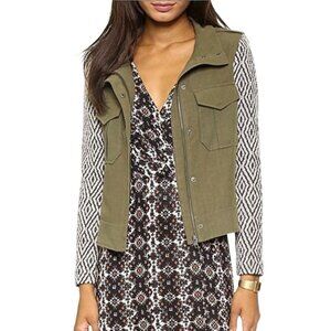 Ella Moss Minka Utility Jacket Olive Textile Sleeves Back Zip Snap Linen Size S